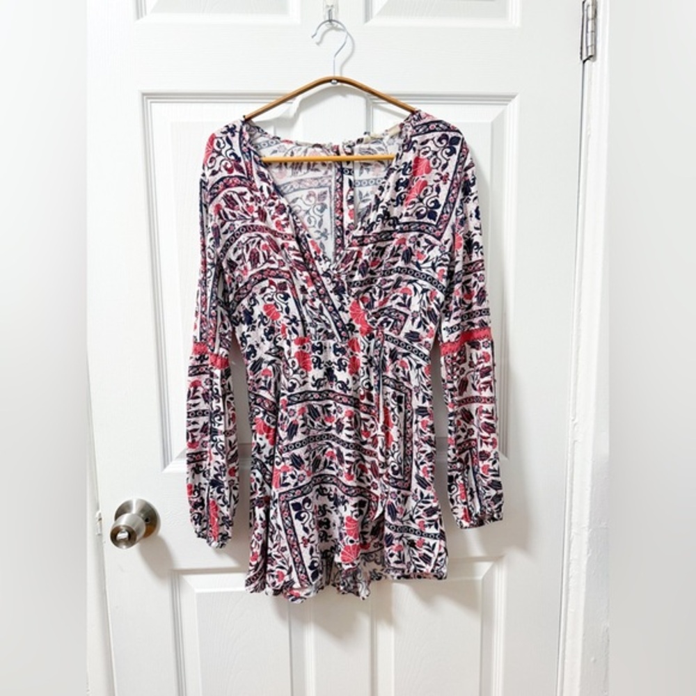 Roxy boho beach pink purple mosaic v neck floral romper playsuit lace small - Picture 2 of 12